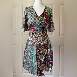 ZARA Mixed Print Boho Wrap Style Dress Floral Paisley NWT XS